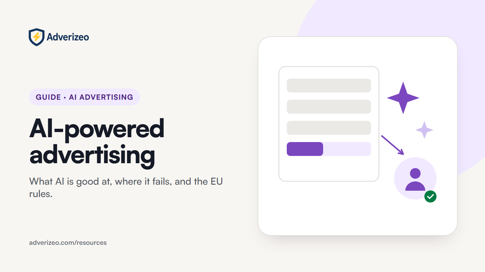 Illustration: ad copy drafts with an AI sparkle, passed to a person for review