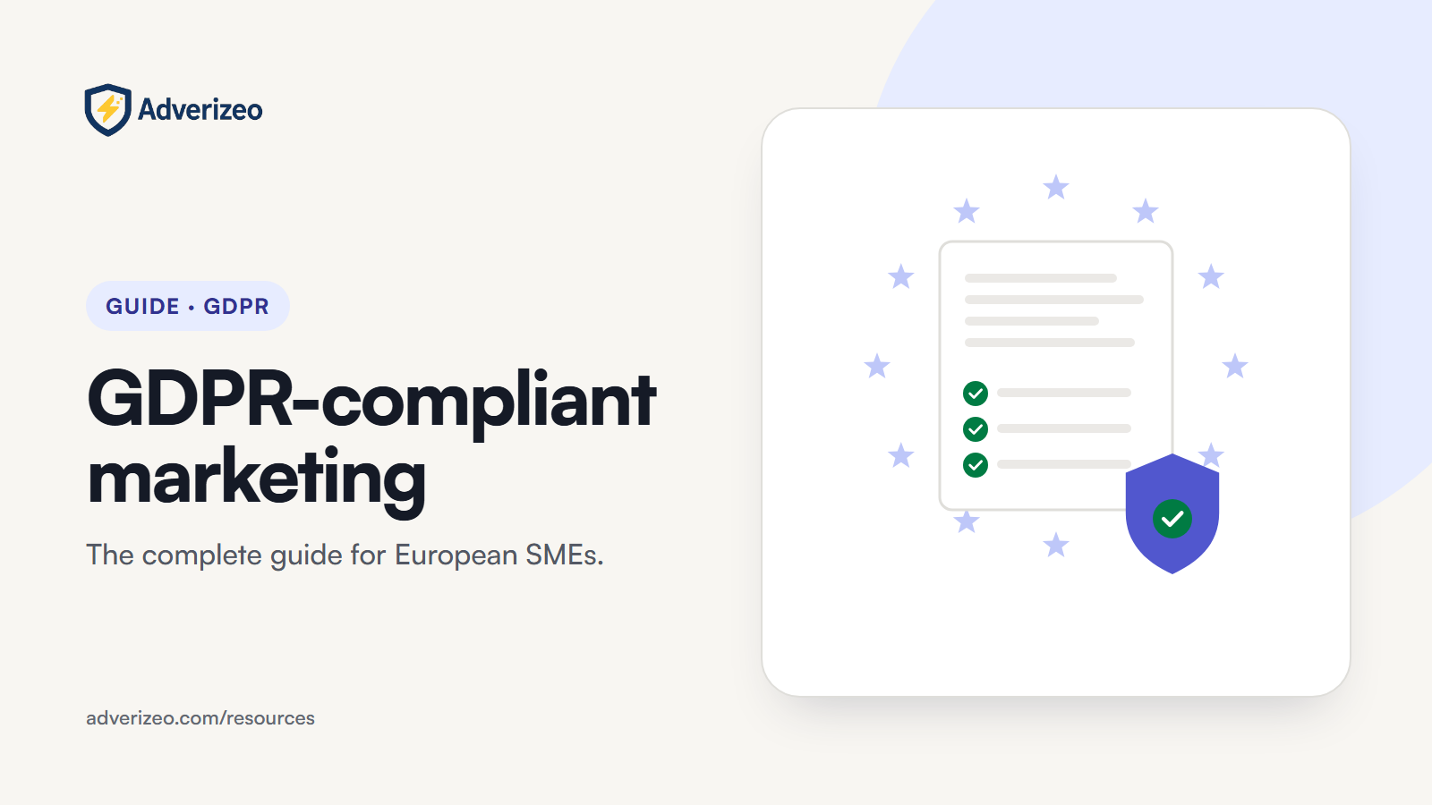 Illustration: a checklist document inside a circle of EU stars, with a privacy shield
