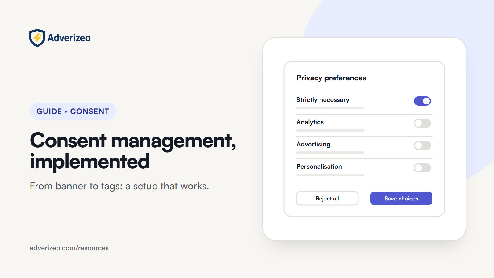 Illustration: a privacy preferences panel with category toggles and Reject all and Save choices buttons