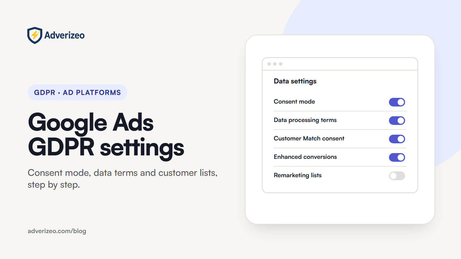 Illustration: an ad account data settings panel with toggles for consent mode, data processing terms and customer lists