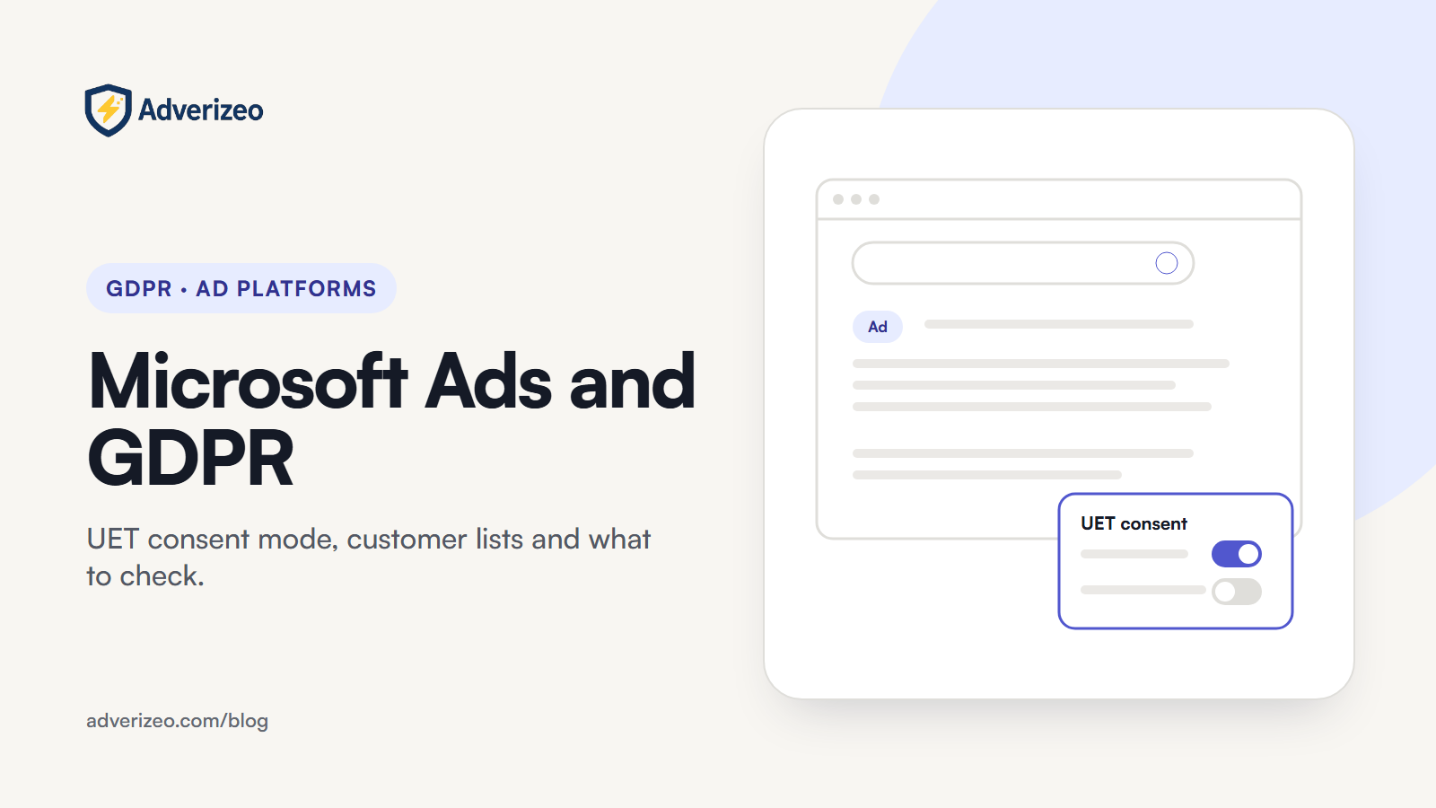 Illustration: a search results page with an ad label and a UET consent panel with toggles