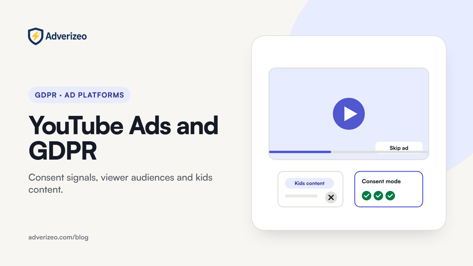 Illustration: a video player with a skip-ad button, a crossed-out kids content card and a consent mode checklist
